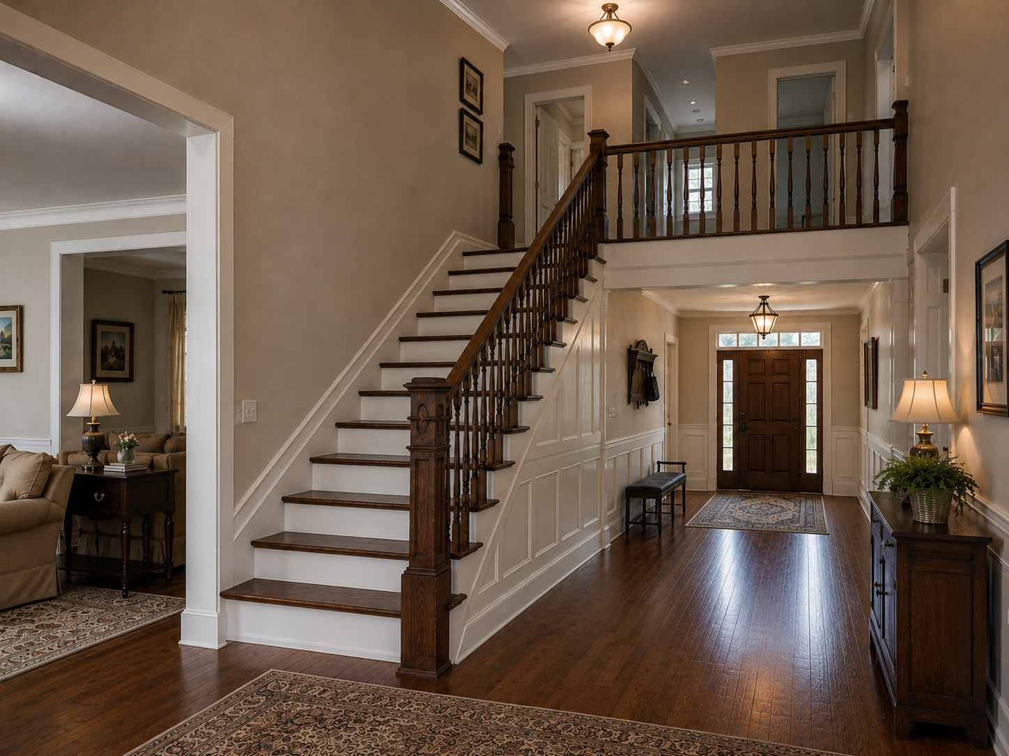 Before staircase renovation with dark stained balusters and handrail in Weddington NC