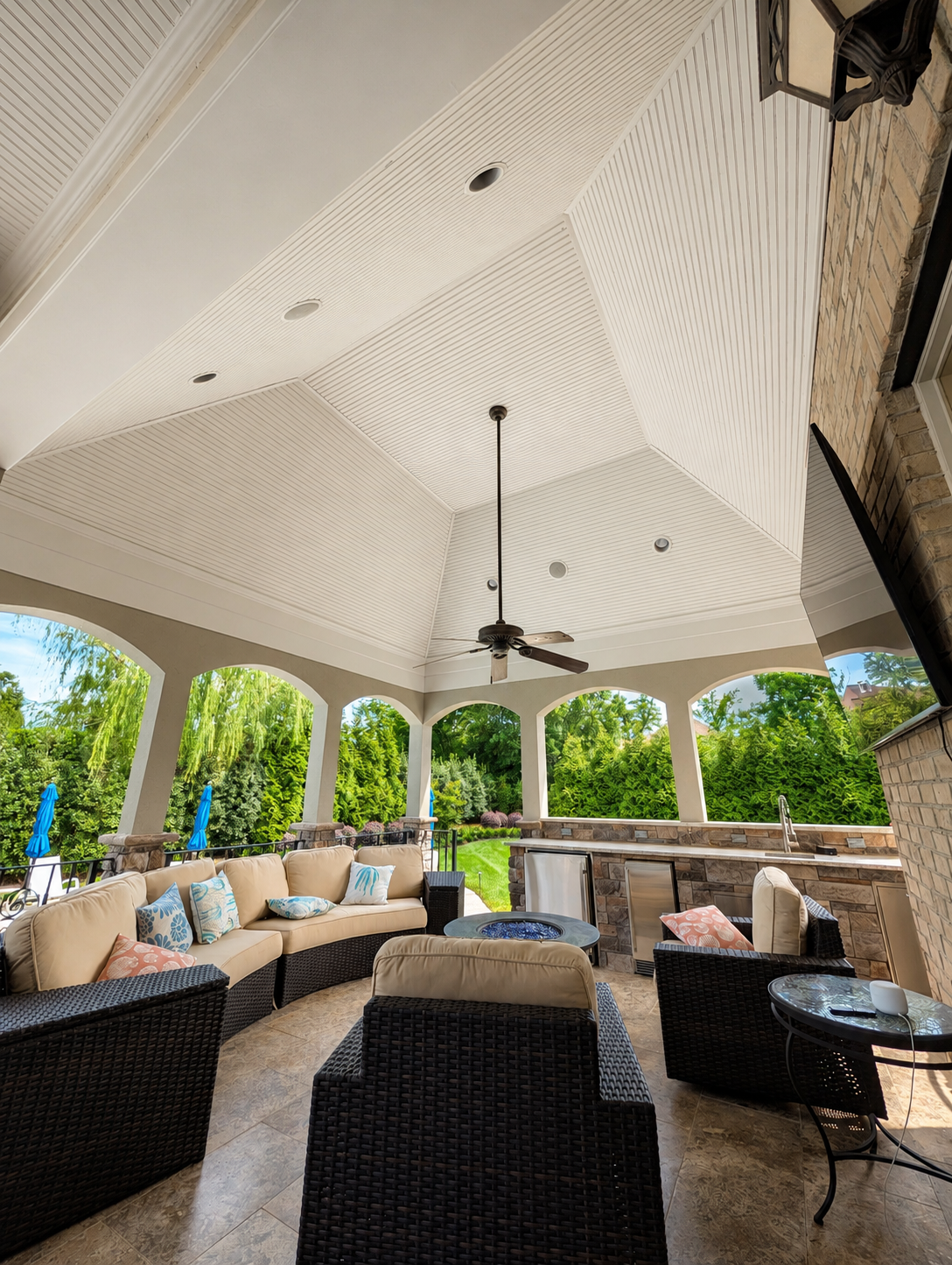 After image of painted tray porch ceiling with recessed lights in South Charlotte NC