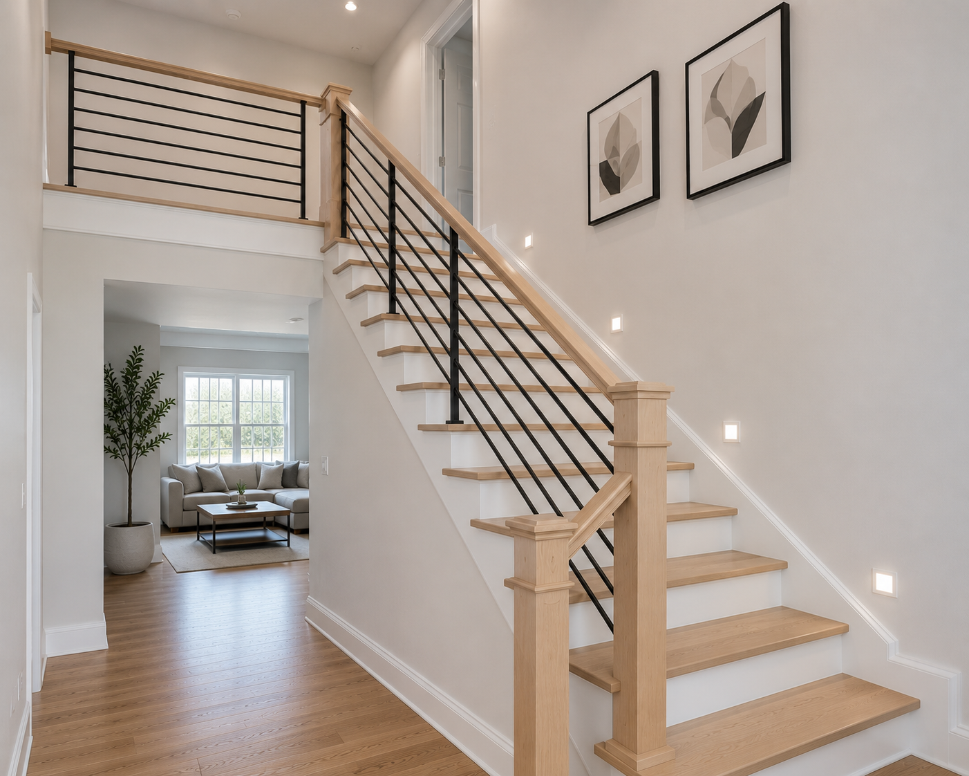 Remodeled staircase with iron railings and stained oak treads in Waxhaw NC