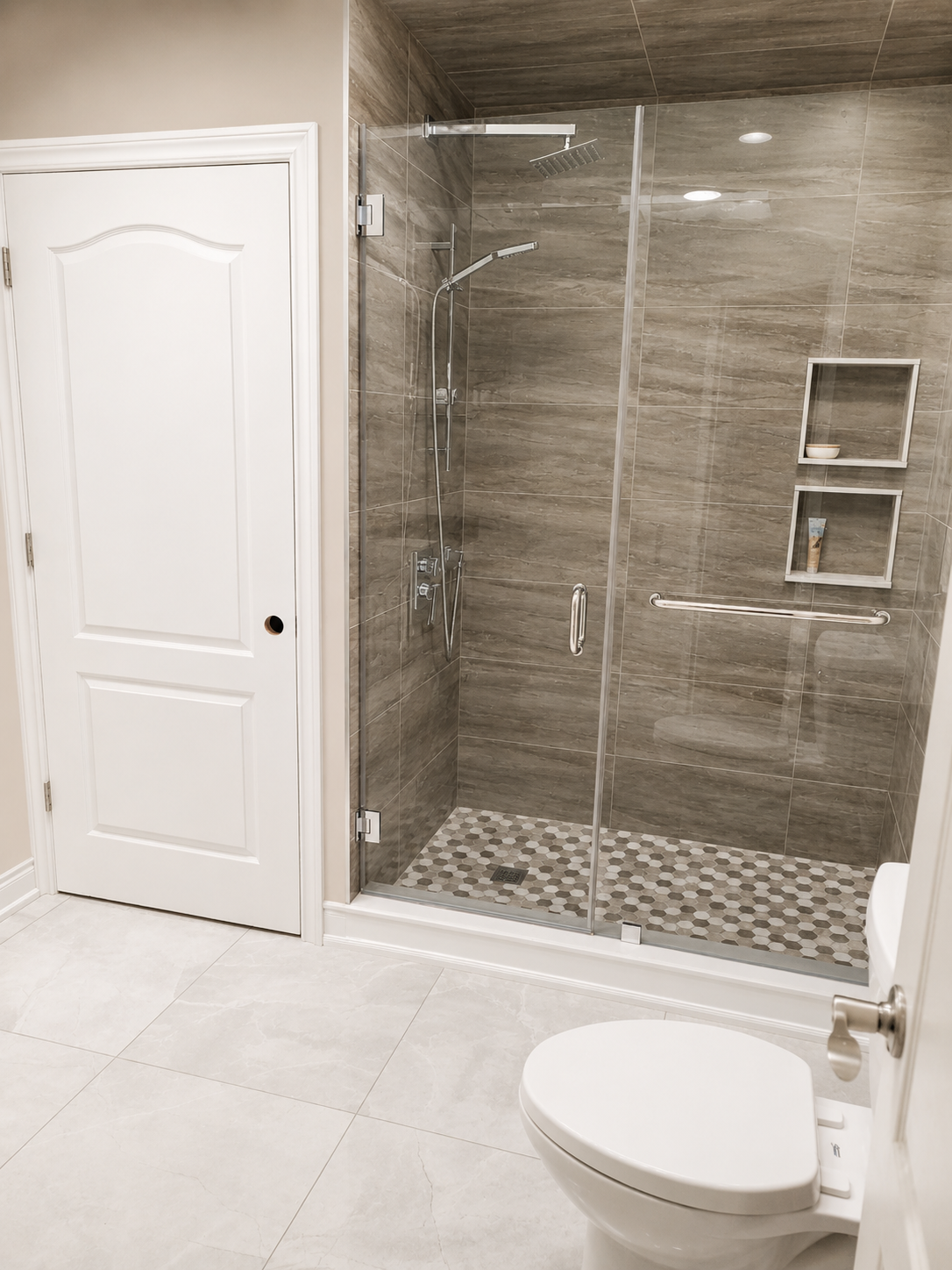 After photo of modern walk-in shower renovation in Charlotte NC with custom tile and frameless glass