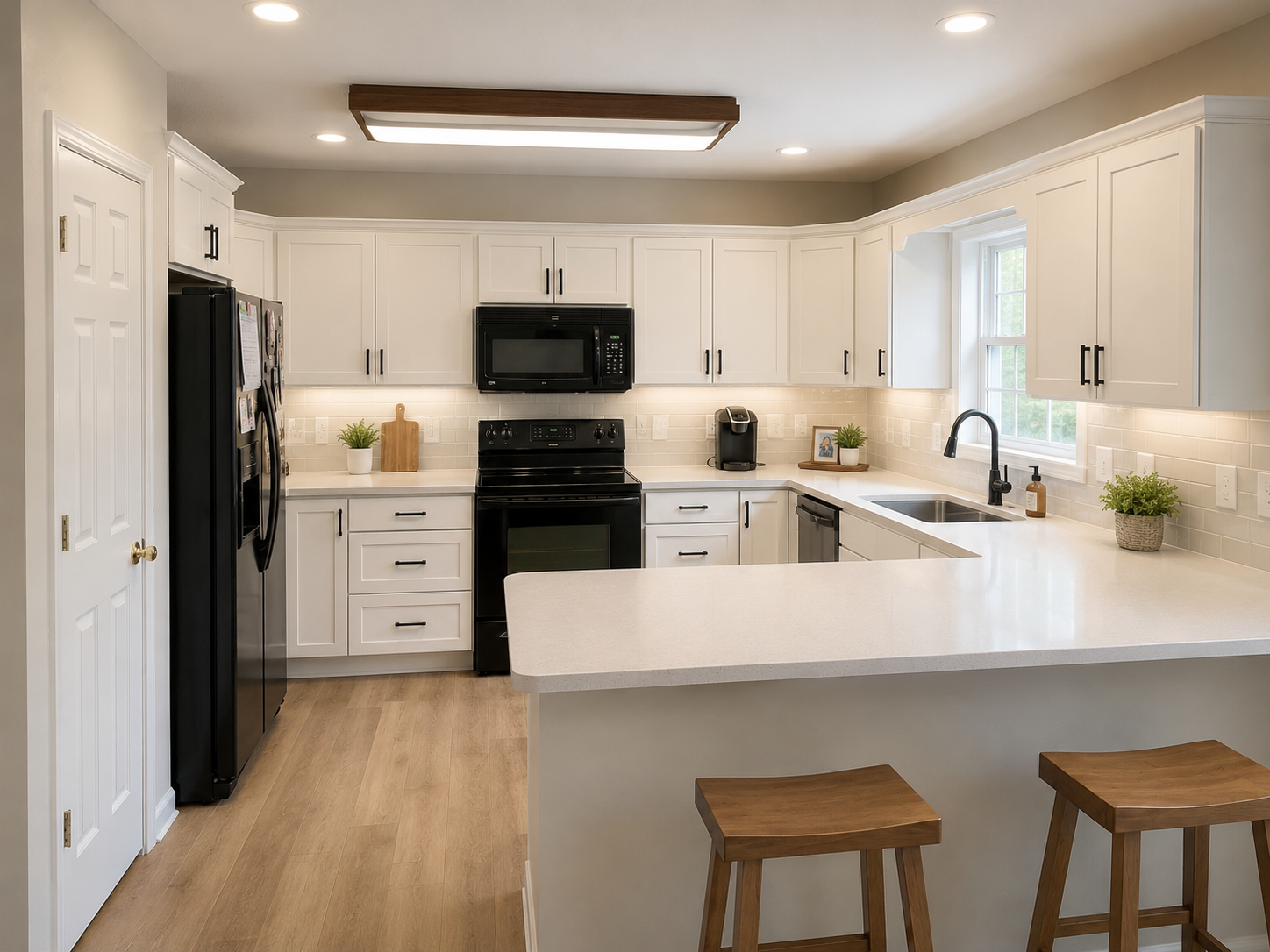 After photo of renovated Ballantyne kitchen with white cabinets, quartz counters, and LVP flooring