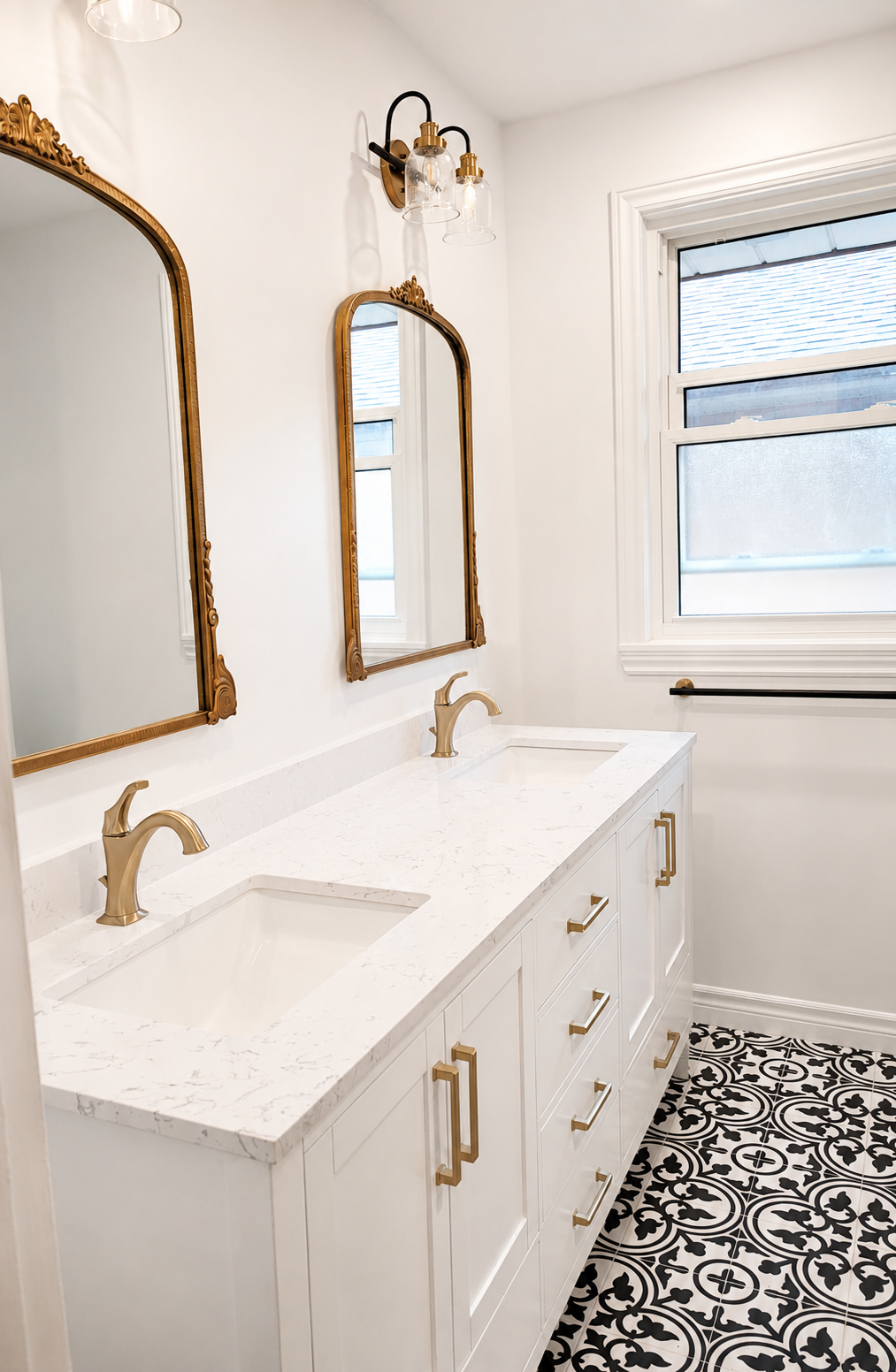 Traditional bathroom vanity renovation in Matthews NC with quartz countertop and updated lighting