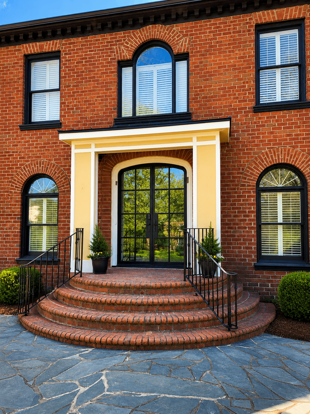 Before photo of Ballantyne brick entryway with light painted porch trim and columns
