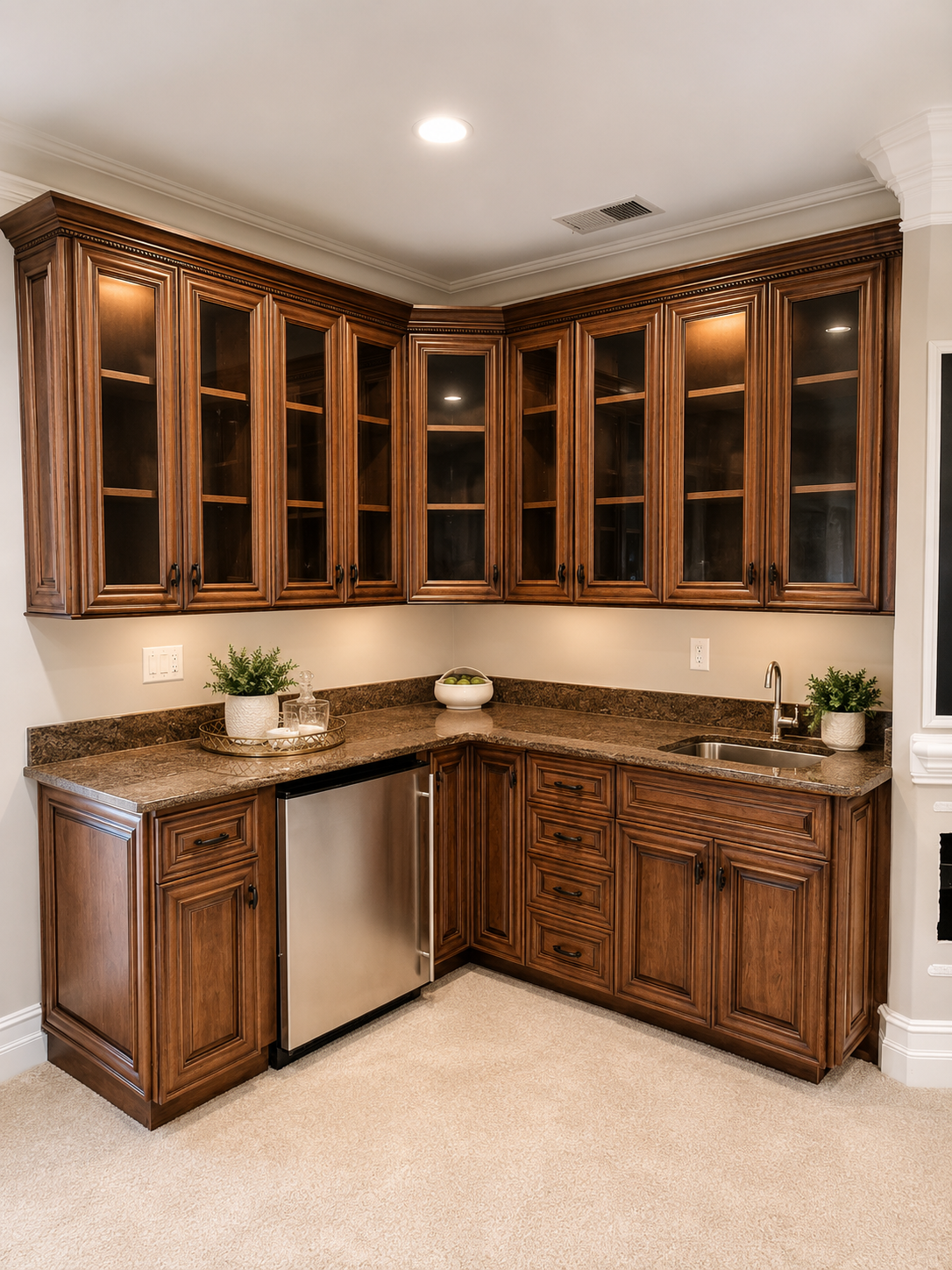 Before wet bar cabinet refinishing in Ballantyne with stained wood built-ins and dark finish