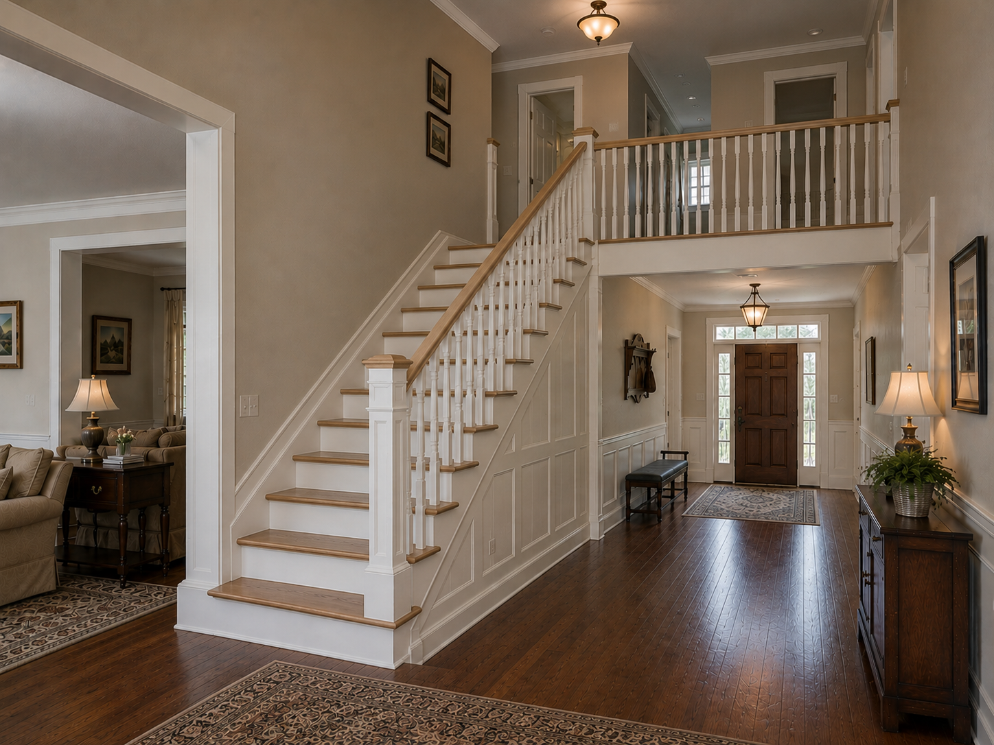 After staircase renovation with painted balusters and stained handrail in Charlotte NC