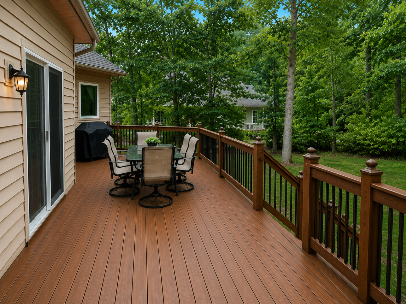 After Lake Norman deck renovation showing rich deck color and updated black railing system