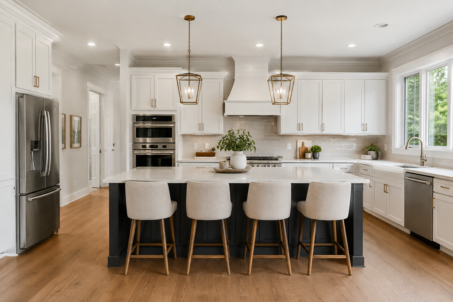 Custom white kitchen renovation with island seating, brass pendants, and premium finishes by Delta Renovations