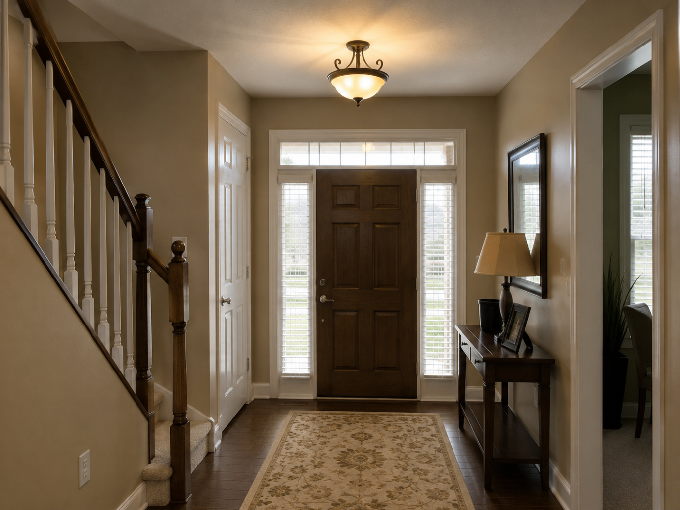 Before South Charlotte entry renovation with dark wood front door and traditional stair details