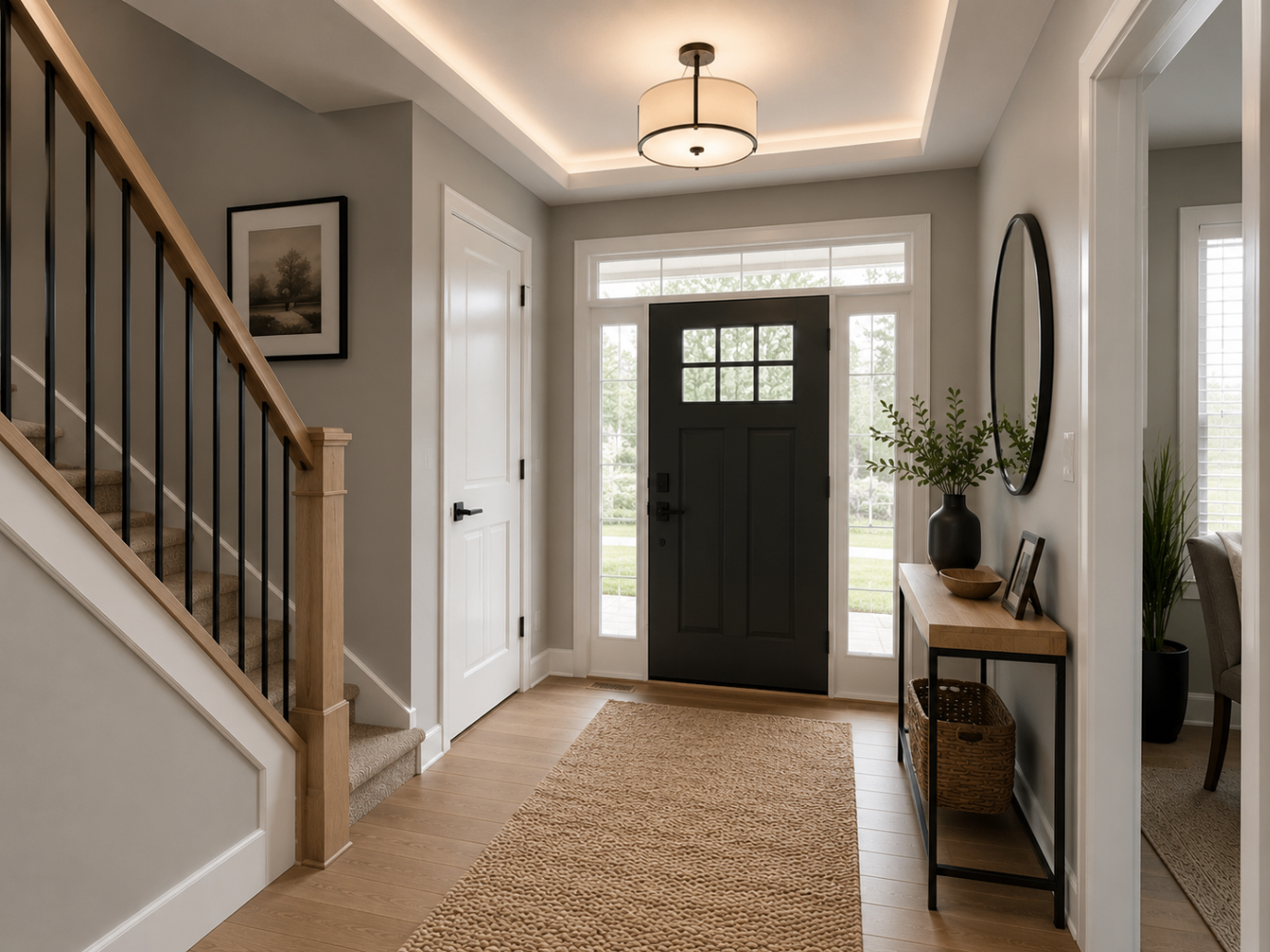 After South Charlotte entry renovation with modern black door, updated railing, and brighter finishes
