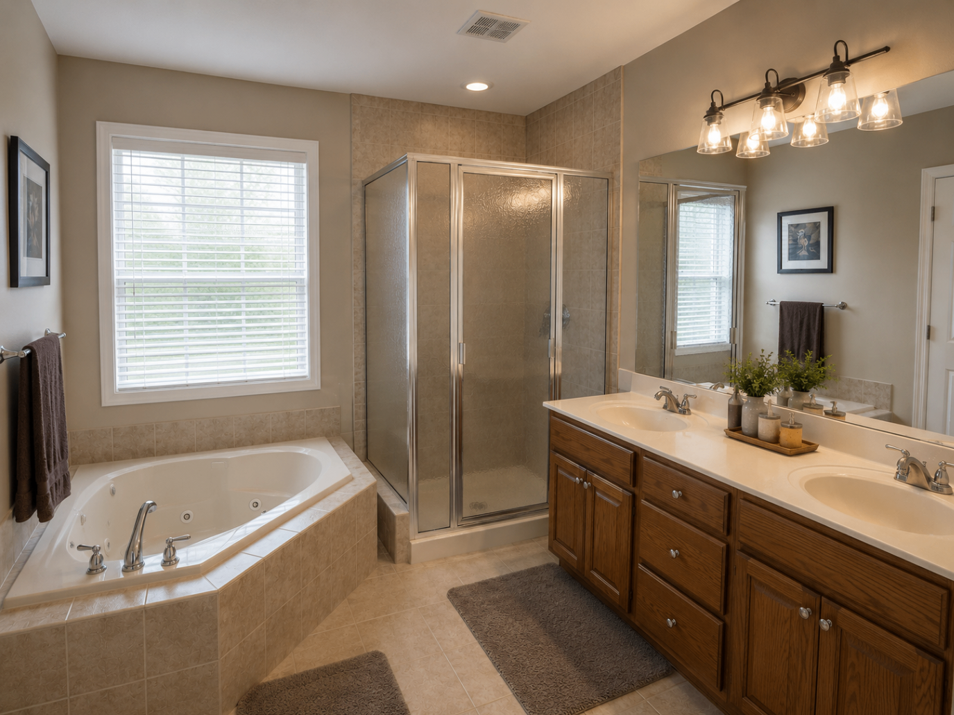 Before primary bathroom renovation in Lake Norman with wood vanity and framed shower enclosure