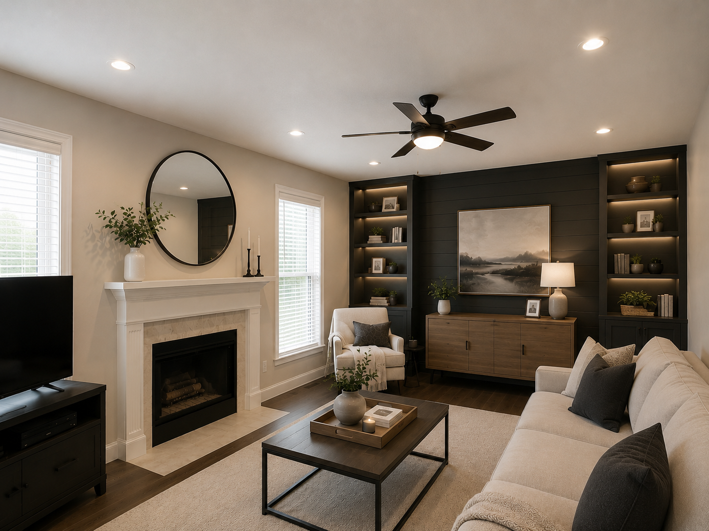 Move-in ready home renovation in Charlotte NC featuring open concept living room with hardwood floors