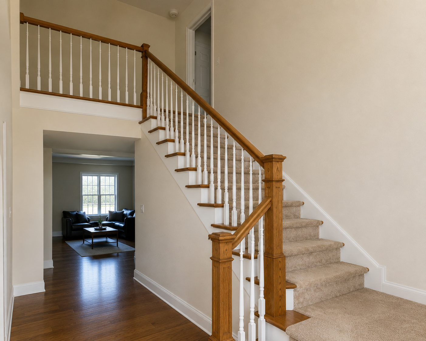 Before staircase renovation with carpeted stairs and traditional white balusters in Charlotte NC