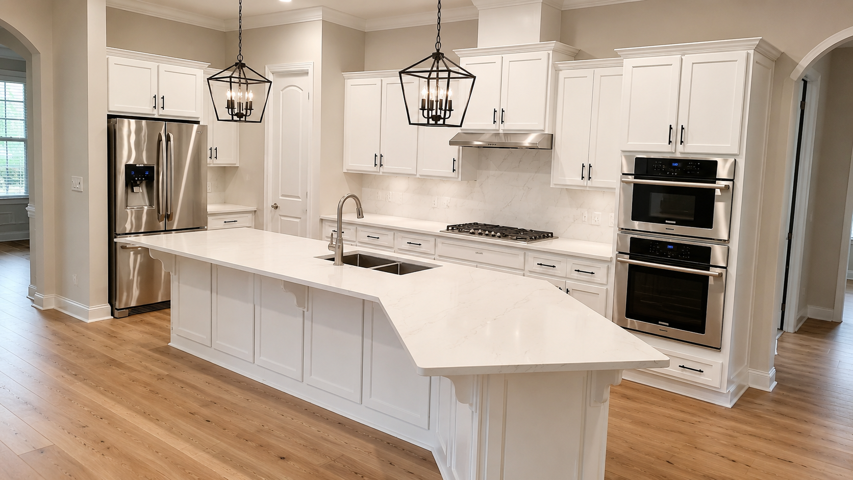 Waxhaw NC kitchen after cabinet refinishing transformation with bright white cabinets