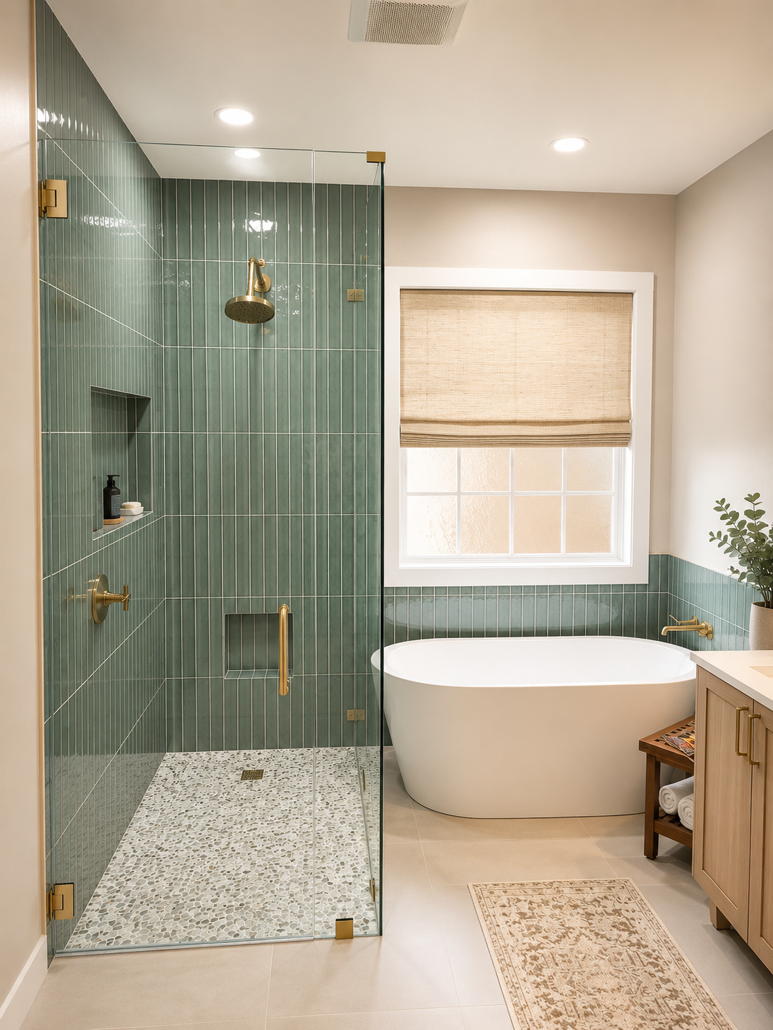 Modern spa-inspired bathroom renovation with freestanding tub and custom tile by Delta Renovations