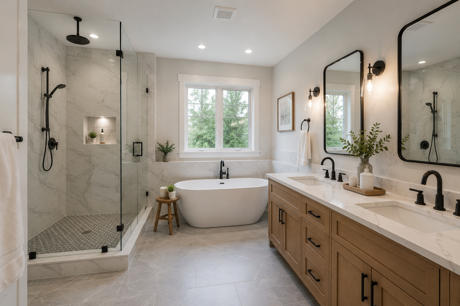 Luxury bathroom renovation in Ballantyne with marble shower and floating vanity