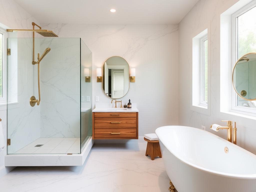 Marble walk-in shower in a Ballantyne bathroom renovation